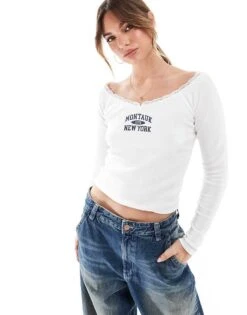 Hollister Sport Motif Off Shoulder Top In Cream For Women -Hollister Shop 207899639 1 cream 1