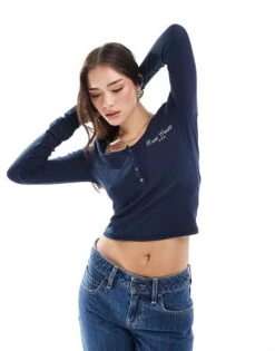 Hollister Motif Detail Button Through Top In Navy For Women -Hollister Shop 207899647 1 navy 1