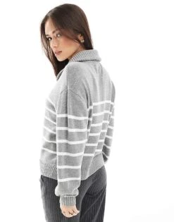 Hollister Half Zip Knitted Stripe Jumper In Grey For Women -Hollister Shop 207900669 3