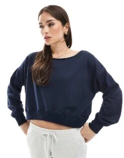 Hollister Off Shoulder Boyfriend Sweat Top In Navy For Women