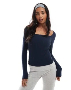 Hollister Long Sleeve Square Neck Top In Navy For Women -Hollister Shop 207900724 1 navy 1
