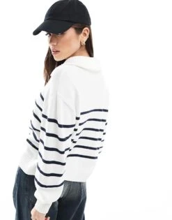 Hollister Half Zip Through Stripe Motif Jumper In Cream For Women Cream Stripe -Hollister Shop 207900750 3