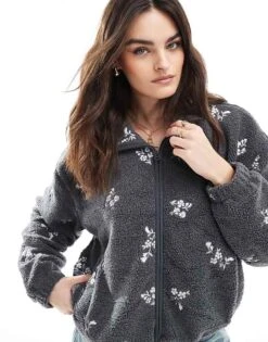 Hollister Embroidered Sherp Linef Fleece Jacket In Black Floral For Women