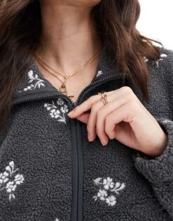 Hollister Embroidered Sherp Linef Fleece Jacket In Black Floral For Women -Hollister Shop 207900840 3
