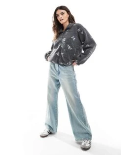 Hollister Embroidered Sherp Linef Fleece Jacket In Black Floral For Women -Hollister Shop 207900840 4