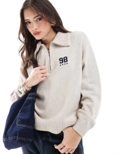 Hollister Half Zip Knitted Logo Jumper In Beige For Women Grey