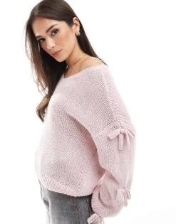 Hollister Slouchy Off The Shoulder Applique Bow Knit Jumper In Lilac For Women Pale Lilac -Hollister Shop 207900902 1 palelilac 1
