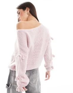 Hollister Slouchy Off The Shoulder Applique Bow Knit Jumper In Lilac For Women Pale Lilac -Hollister Shop 207900902 3