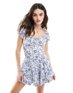 Hollister Shirred Bust Drop Waist Bubble Skort Dress In Blue Floral For Women Multi -Hollister Shop 207900920 1 multi 1