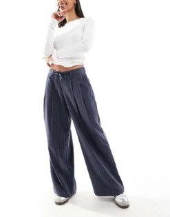 Hollister Low Rise Baggy Trouser In Beige For Women Pinstripe