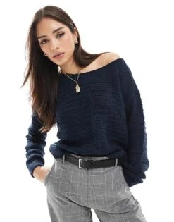 Hollister Slouchy Off Shoulder Knit In Navy For Women