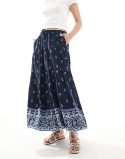 Hollister Maxi Skirt With Contrast Hem Detail In Navy For Women -Hollister Shop 207948161 3
