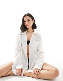 Hollister Long Sleeve Beach Cover Up Shirt With Crochet Inserts In White For Women -Hollister Shop 208108112 1 white 1