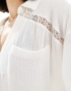 Hollister Long Sleeve Beach Cover Up Shirt With Crochet Inserts In White For Women -Hollister Shop 208108112 3